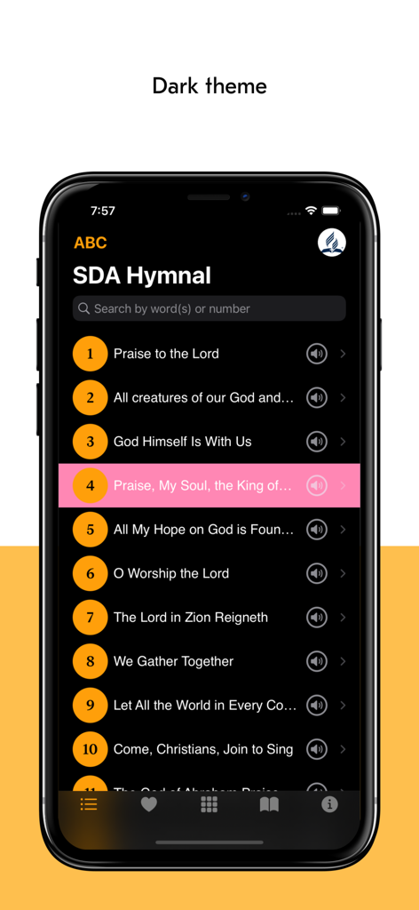 SDA Hymns - SDA Hymns app interface showing a list of numbered hymns in dark mode