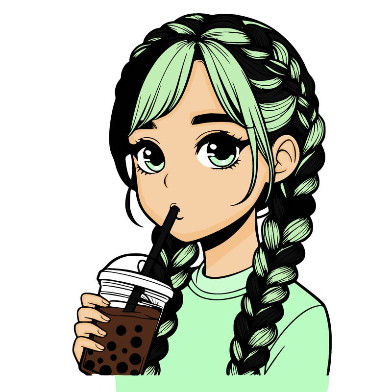 realistic girl with braided hair drinking boba