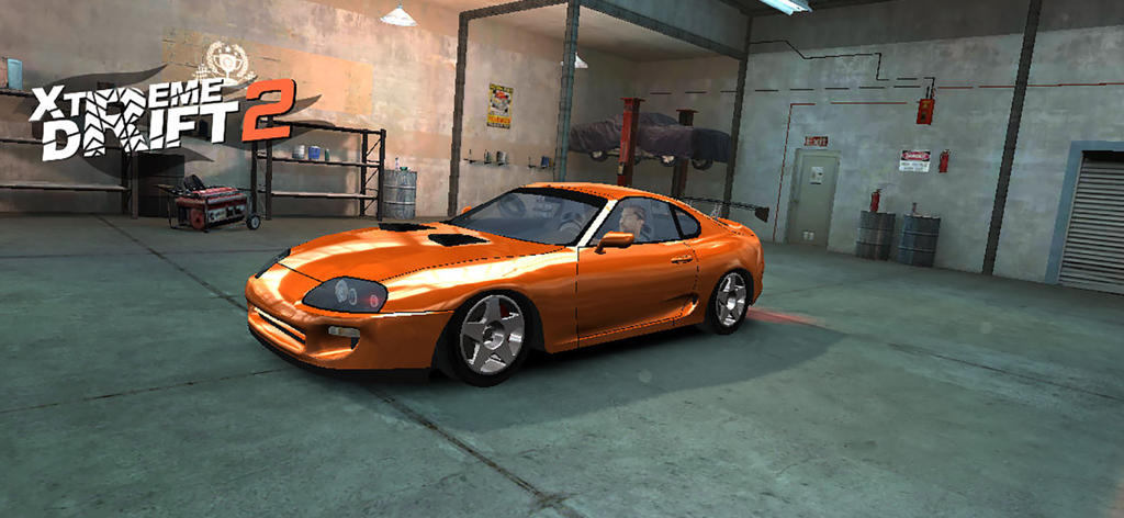 Orange customized sports car in the Xtreme Drift 2 garage