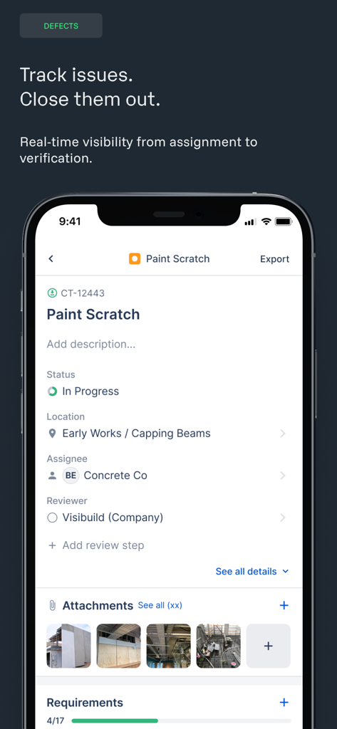 Visibuild - Visibuild mobile app interface for tracking and managing construction defects and issues.