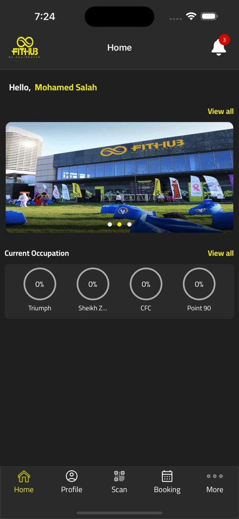 Schermata principale dell'app Fit Hub Gym che mostra le posizioni delle palestre e lo stato di capienza