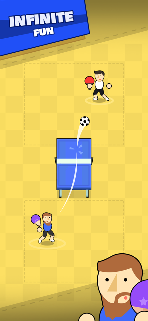 Pongfinity - Ping Pong - Top down view of two cartoon characters playing table tennis with a soccer ball in the Pongfinity mobile game