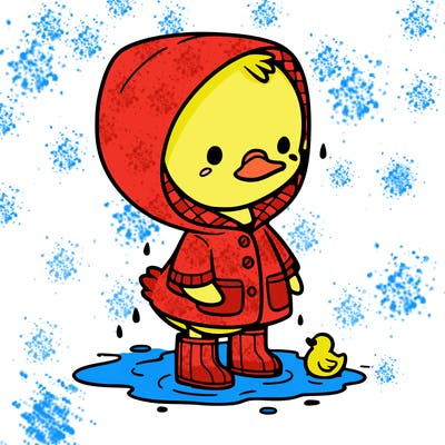 baby duck in a rain coat and boots, in a puddle while it’s raining