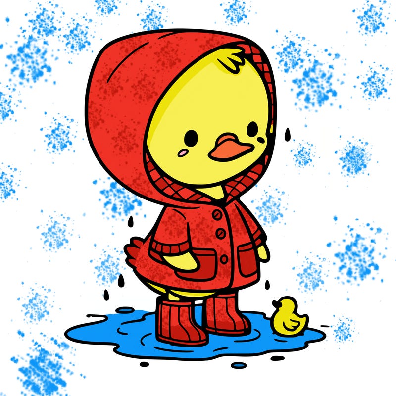 baby duck in a rain coat and boots, in a puddle while it’s raining