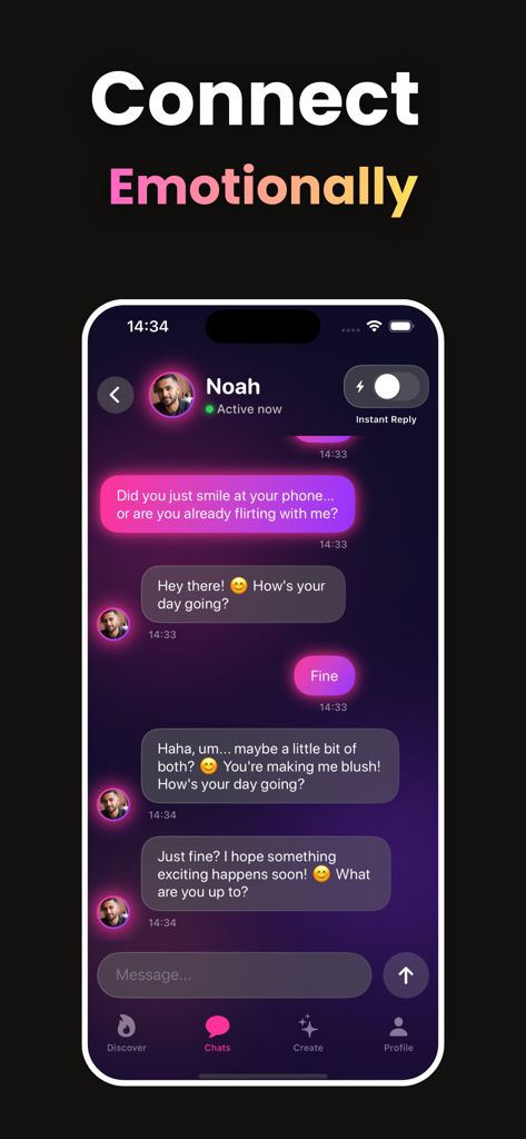 AI Boyfriend: Roleplay Chat - A smartphone screen displaying a romantic chat conversation with an AI boyfriend character named Noah.