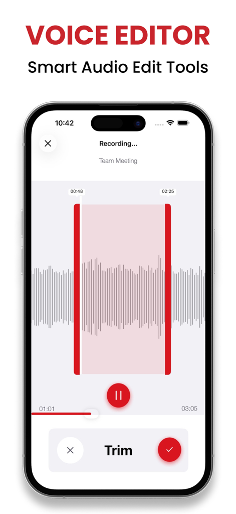Interfaz del editor de voz de la aplicación Recorder Plus que muestra la herramienta de recorte de audio y la forma de onda