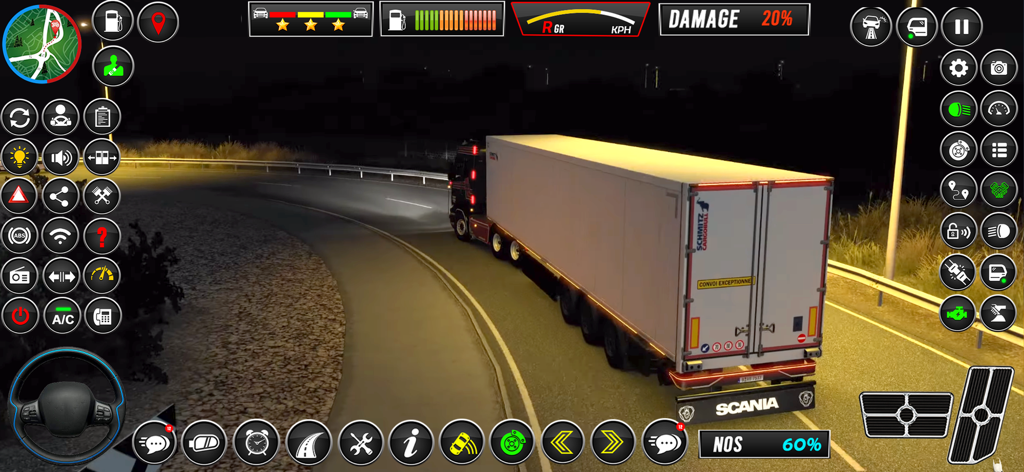 Un camión Scania blanco con remolque conduciendo por una autopista por la noche con la interfaz y los controles de simulación del juego