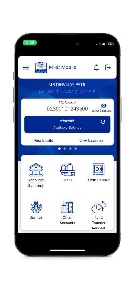 Le tableau de bord de l'application MHC Mobile montrant le résumé du compte et les icônes des services financiers