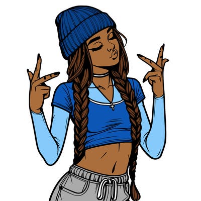 realistic teenage girl with braids and a beanie and crop top doing 🫶🏼