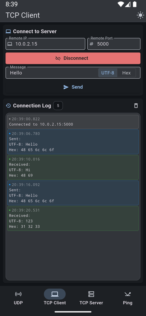 TCP Client interface showing remote IP connection and a log of sent and received messages