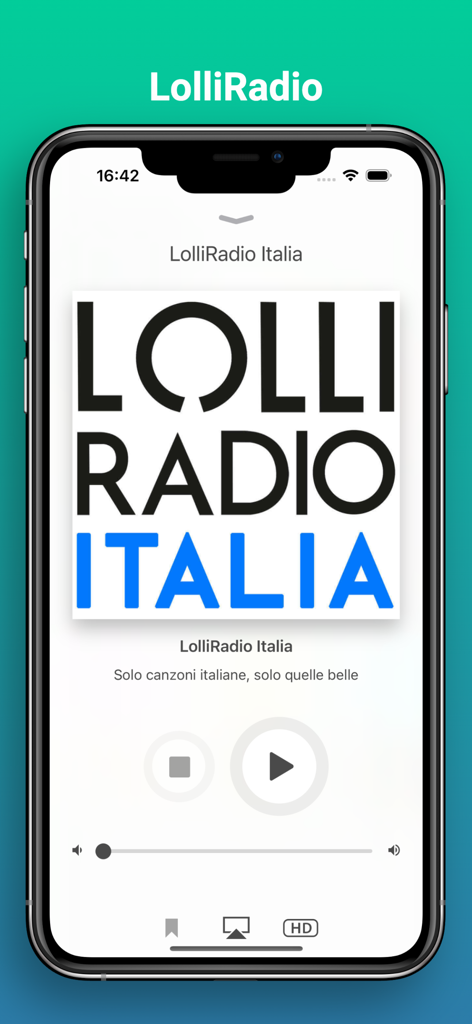 LolliRadio - Interfaz de la aplicación LolliRadio Italia reproduciendo música italiana seleccionada
