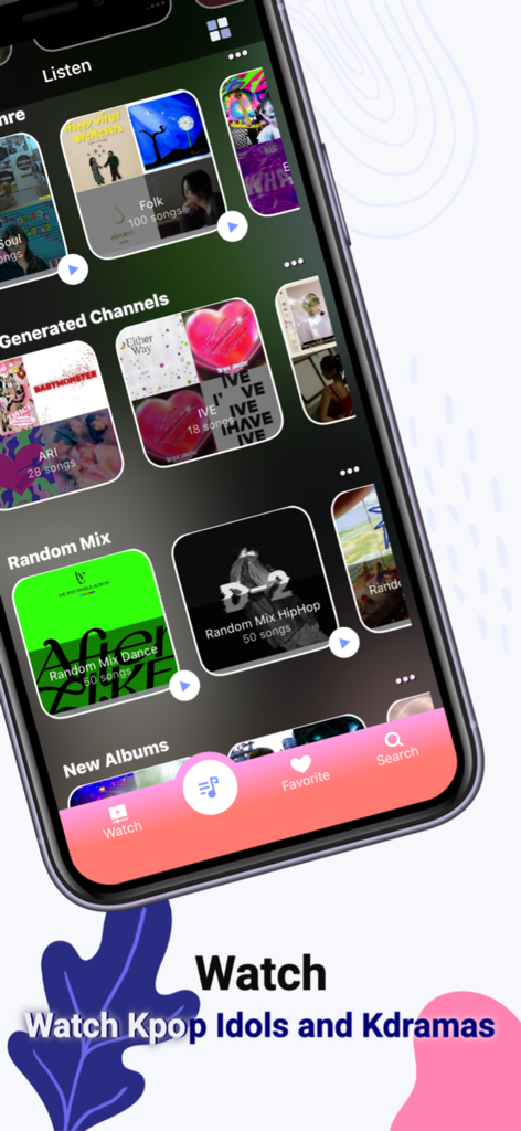 Schermata mobile dell'app iPOP con canali musicali e playlist K-pop.