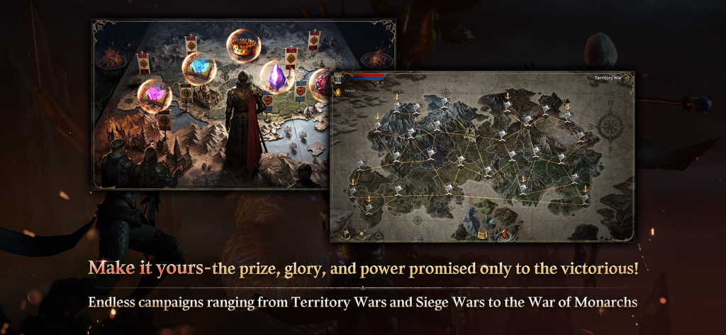 ROM: Golden Age - A strategic world map view and detailed territory war node map from the game ROM Golden Age showing endless campaigns for territory and siege wars.