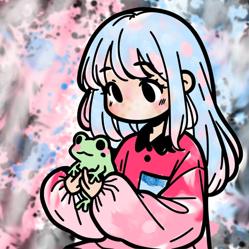 girl with long hair and a oversized shirt. and she is holding a frog