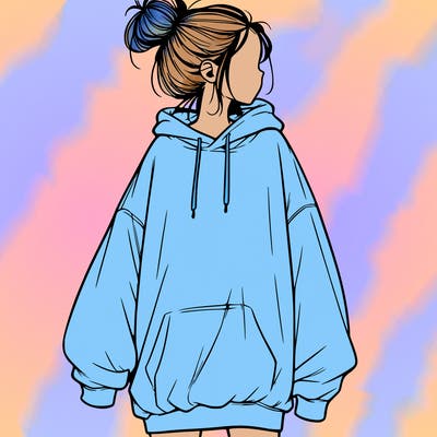 realistic girl with a oversized sweatshirt on and a bun