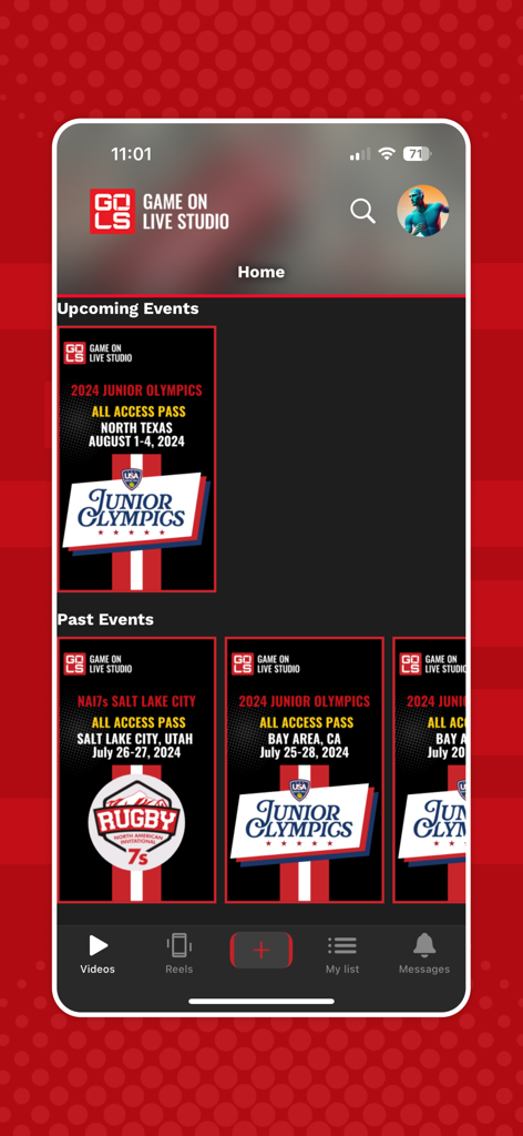 GOLS App - GOLS App home interface displaying upcoming and past youth sports events such as the Junior Olympics