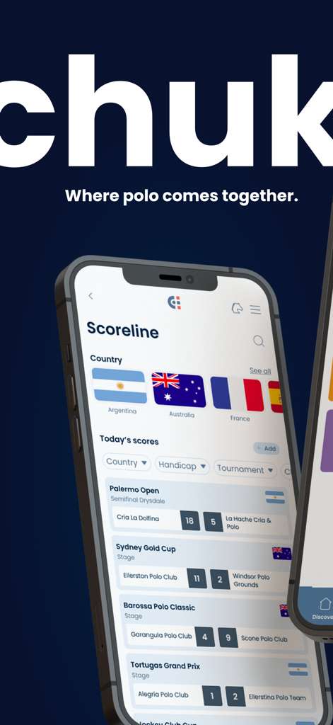 ChukkerApp - ChukkerApp mobile interface displaying live polo match results and international tournament scores.