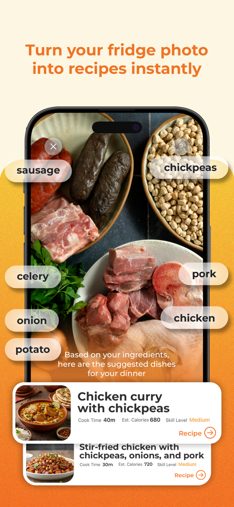 SousChefAI – Smart Recipes - SousChefAI app screen showing AI ingredient recognition from a photo and suggested recipes like chicken curry.