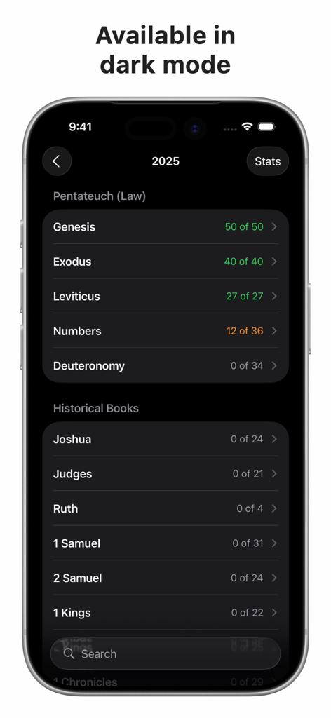 TMBR: Track My Bible Reading - Interfaz de la aplicación TMBR que muestra el progreso de lectura de la Biblia en modo oscuro