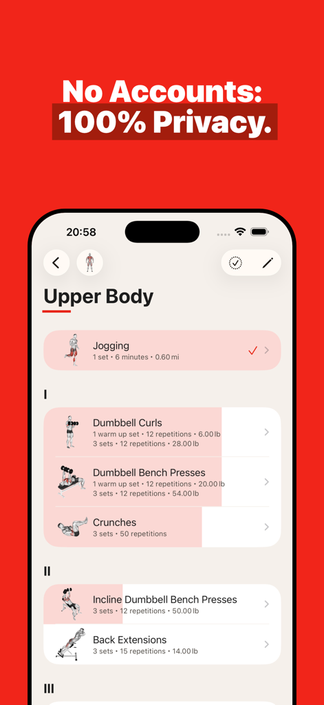 GymBook app interface showing an upper body workout routine with privacy features highlighted