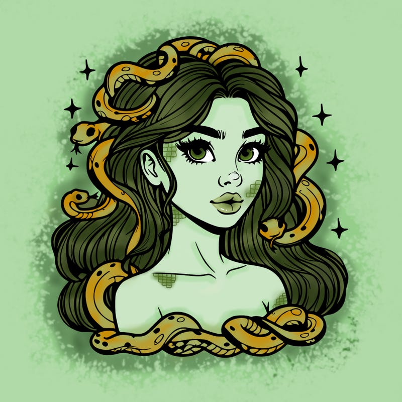 realistic girl with snakes as hair
