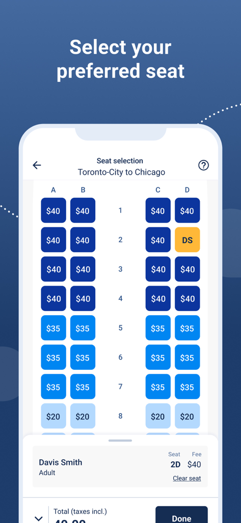 Porter Airlines - Porter Airlines Mobile App-Sitzplatzauswahl-Oberfläche für einen Flug von Toronto nach Chicago
