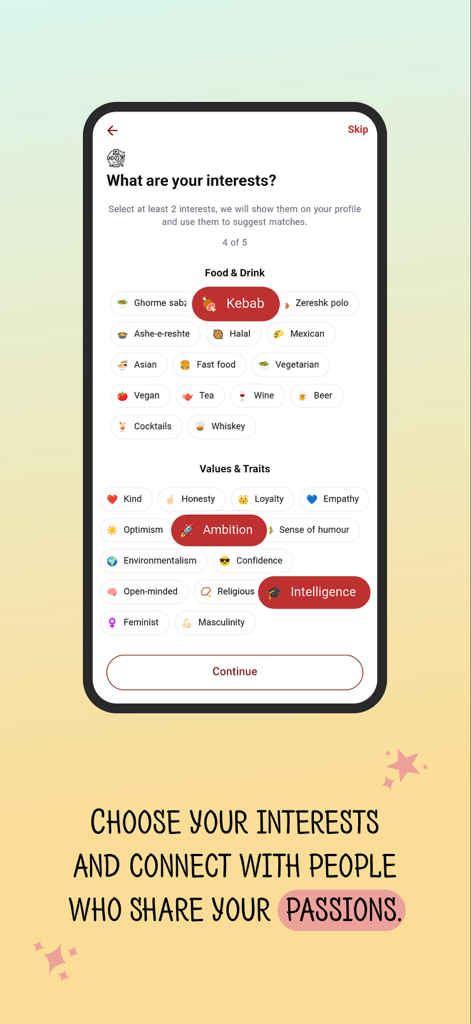 Azizam - Persian Dating App - Screenshot des Azizam Dating-App-Interessen-Auswahlbildschirms mit persischem Essen und kulturellen Werten.