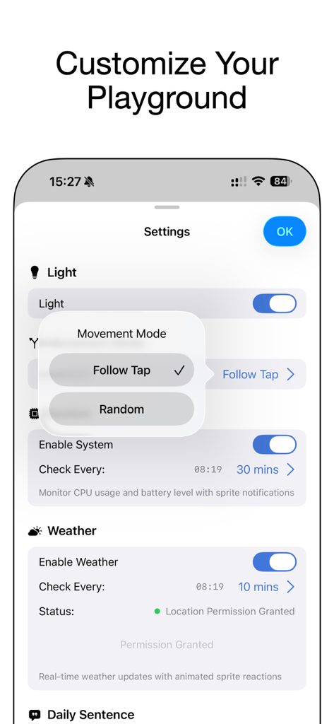 NotiSprite: Smart Desktop Pet - Einstellungsbildschirm der NotiSprite-App, der Optionen für den Haustierbewegungsmodus und Wetterbenachrichtigungen anzeigt.