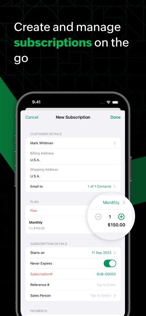 Zoho Billing mobile app interface for creating a new monthly subscription on a smartphone