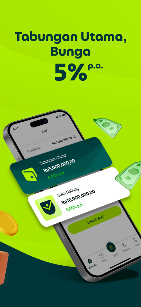 Superbank: Save, Borrow, Grow - Superbank mobile app interface showing a 5 percent annual interest rate for main savings accounts