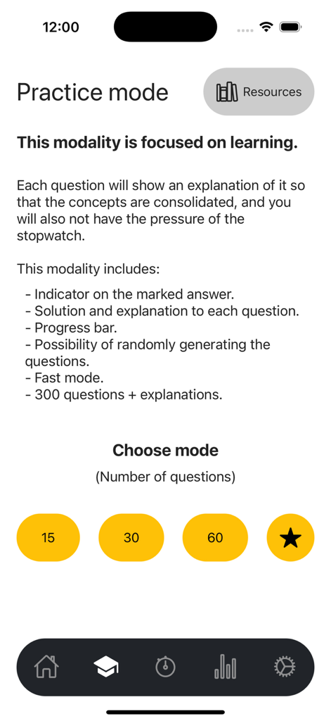 Pantalla del modo de práctica de certificación PCEP de Python que muestra opciones de preguntas y funciones de aprendizaje.