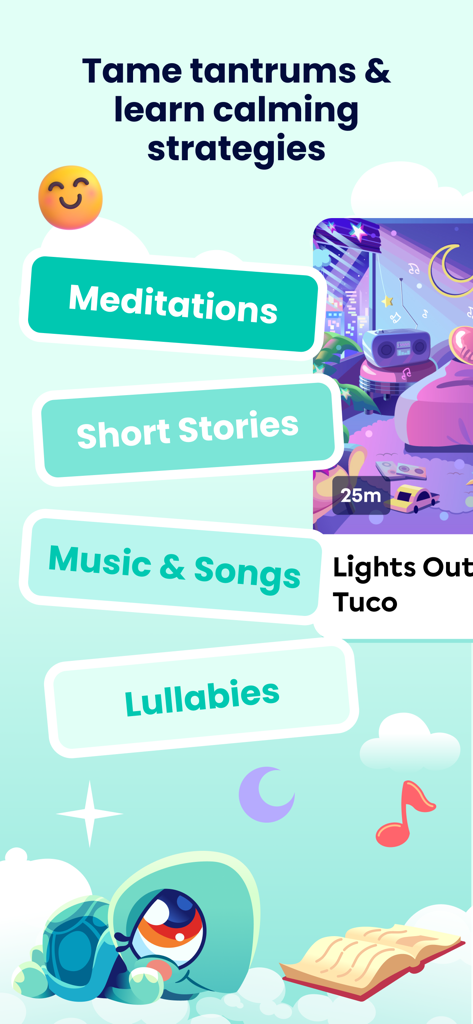 Moshi Kids: Sleep, Relax, Play - Écran de l'application Moshi Kids montrant des catégories de contenu comme les méditations, les histoires courtes, la musique et les berceuses pour calmer les crises de colère.