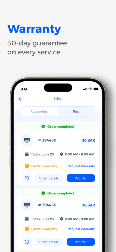Home Service, Ac Repair Ajeer - Captura de pantalla de la aplicación Ajeer que muestra una garantía de oro de 30 días en pedidos de mantenimiento del hogar completados.