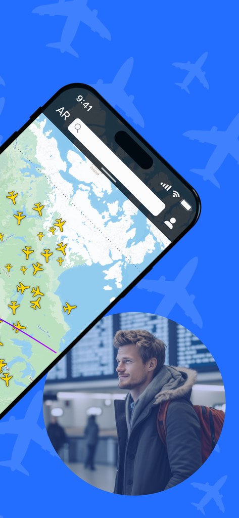Un smartphone que muestra un mapa de seguimiento de vuelos en vivo con iconos de aeronaves y un viajero en un aeropuerto