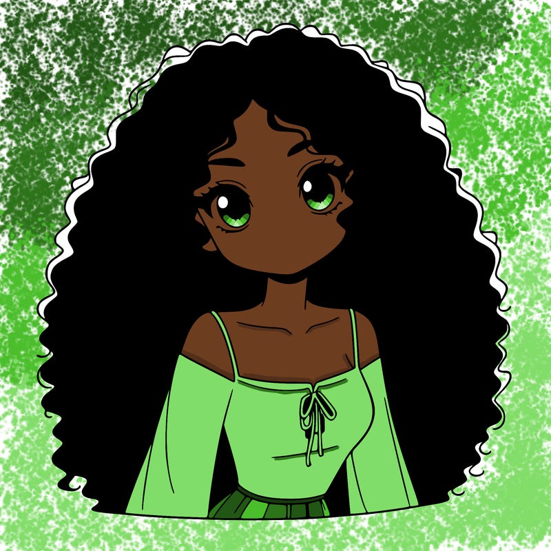 a black anime girl with long afro hair
