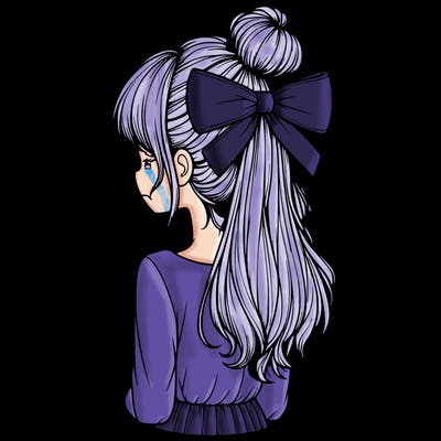 realistic girl  with hip length hair a bun and a big bow on the back of head