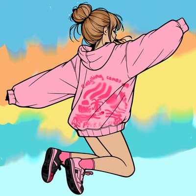realistic girl jumping with a bun and oversized sweatshirt