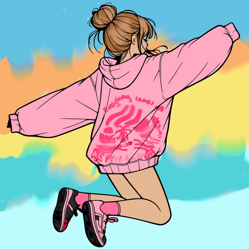 realistic girl jumping with a bun and oversized sweatshirt