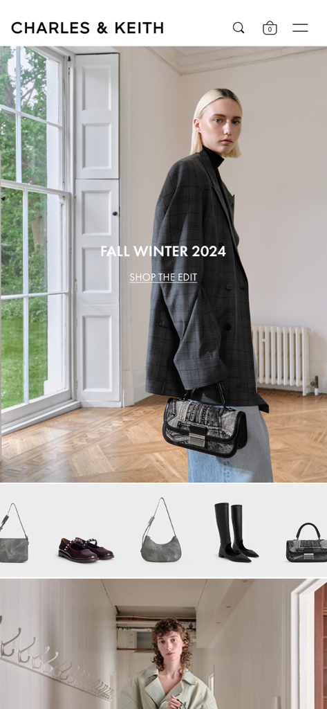CHARLES & KEITH - Página principal de la aplicación móvil Charles and Keith mostrando la colección Otoño Invierno 2024 con una modelo y selección de productos de zapatos y bolsos.