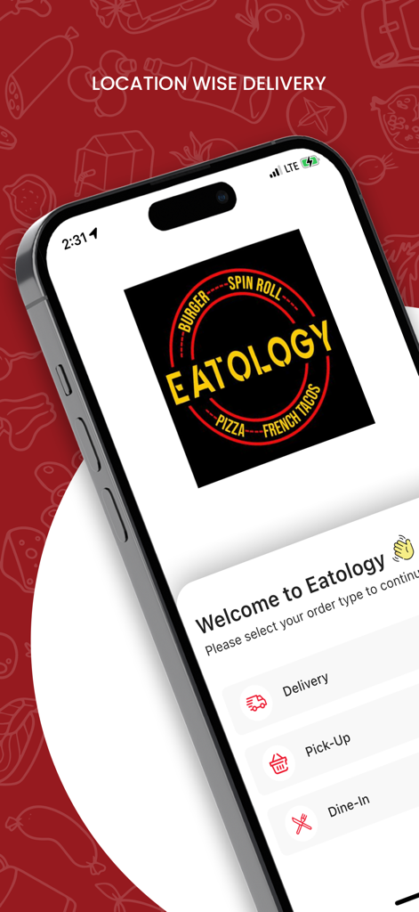 Eatology food delivery app interface on an iPhone with options for delivery pick-up and dine-in