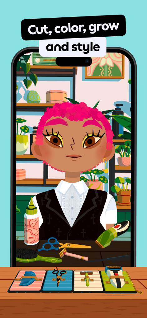 Un personaggio con capelli rosa alla stazione di acconciatura in Toca Boca Hair Salon 4