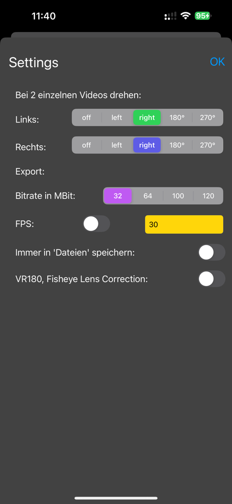 Menú de configuración de la aplicación 3D Video-Converter que muestra opciones de rotación de vídeo y velocidad de bits de exportación