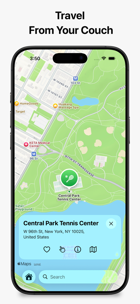 StreetPeek: Street View Feed - Smartphone mostrando la aplicación StreetPeek con una interfaz de mapa del Central Park de Nueva York