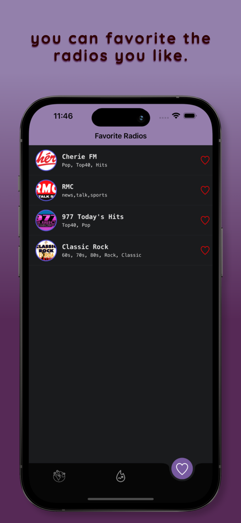 Yagia Radio: Live FM AM Tuner - Yagia Radioアプリのスクリーンショット。保存された局と赤いハートのアイコンが表示されたお気に入りのラジオリストを示しています。