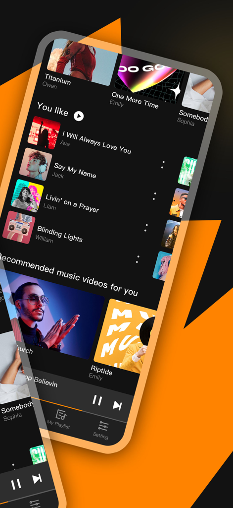 Music X app interface showing personalized song recommendations and music videos in dark mode.
