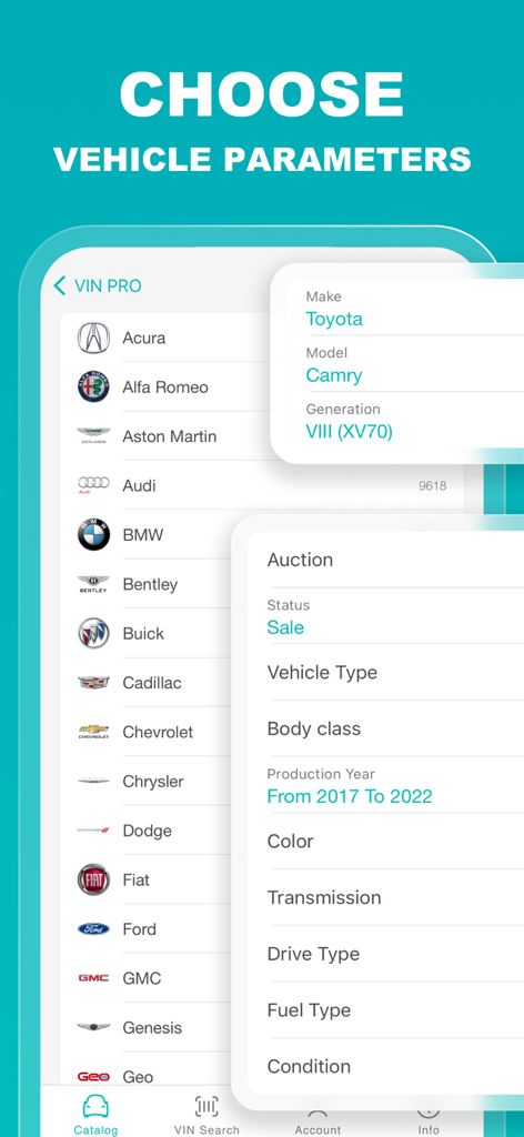 VIN PRO Check Used Car History - Mobile app screen for selecting vehicle search parameters including make model and production year