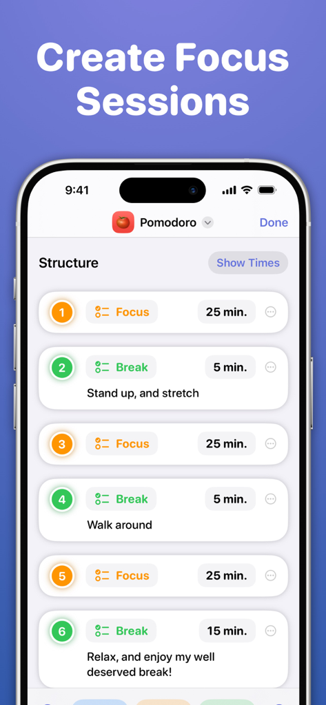 Focused Work - Pomodoro Timer - Une capture d'écran montrant comment personnaliser les phases de concentration et de pause dans l'application Pomodoro Focused Work.