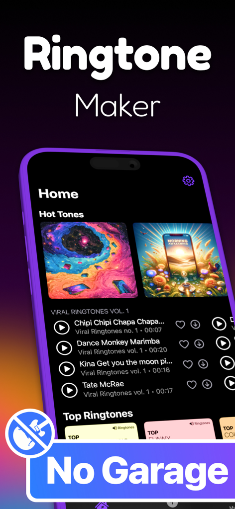 RINGTONE MAKER #1 for iPhone - Pantalla de inicio de la aplicación Ringtone Maker mostrando tonos virales y el mensaje 'no se requiere GarageBand'