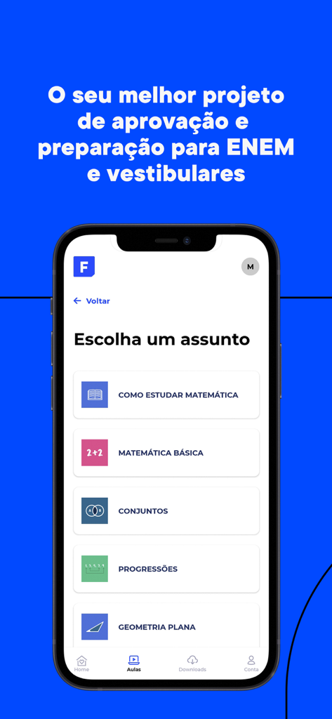 Professor Ferretto mobile app interface displaying a menu of mathematics study topics including basic math and geometry
