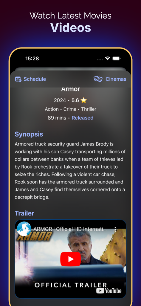 Interface of Inat TV app displaying movie details including synopsis and trailer for the movie Armor